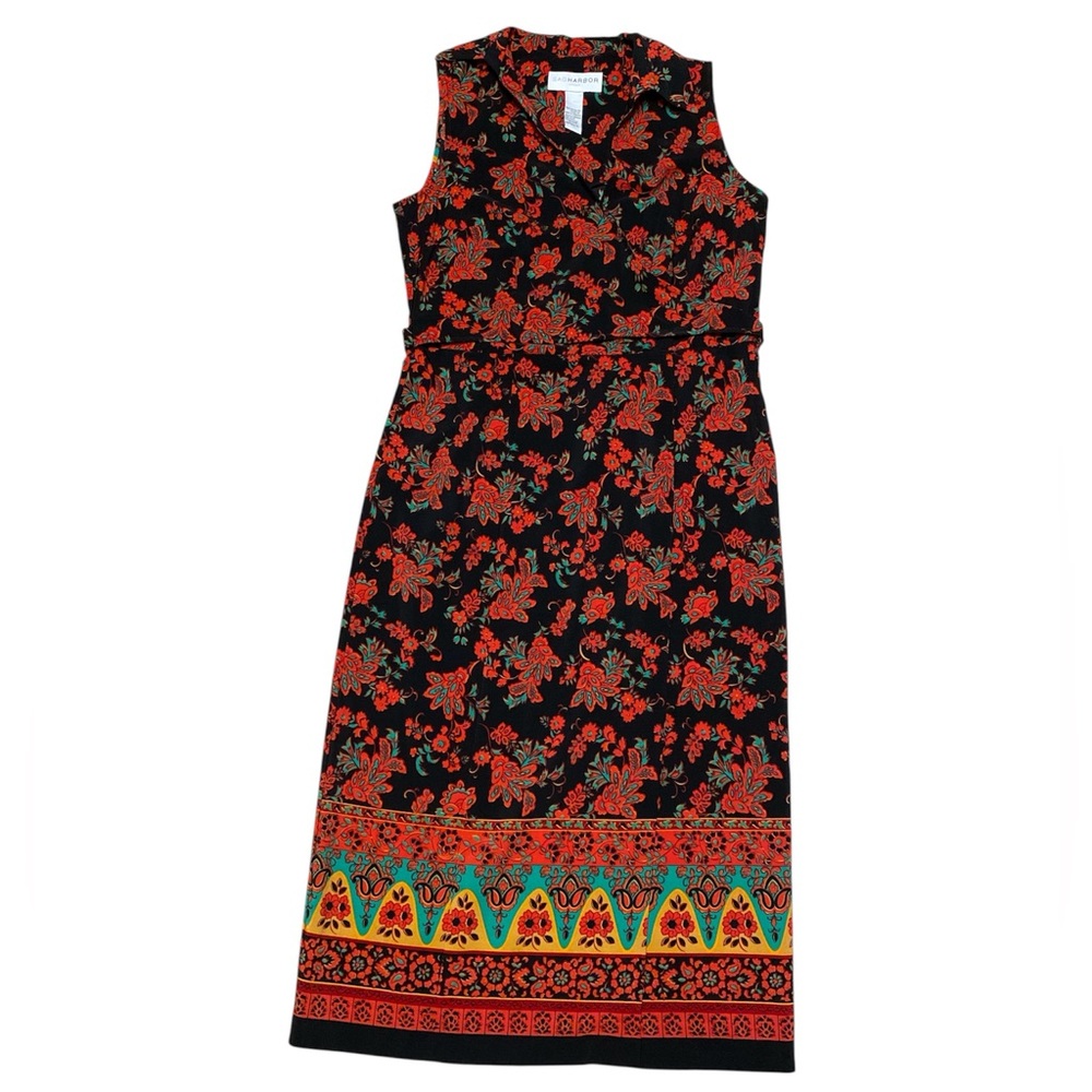 Sag Harbor Dress Sleeveless Maxi Dress Women’s 12 Black Red Floral Faux Wrap Y2K